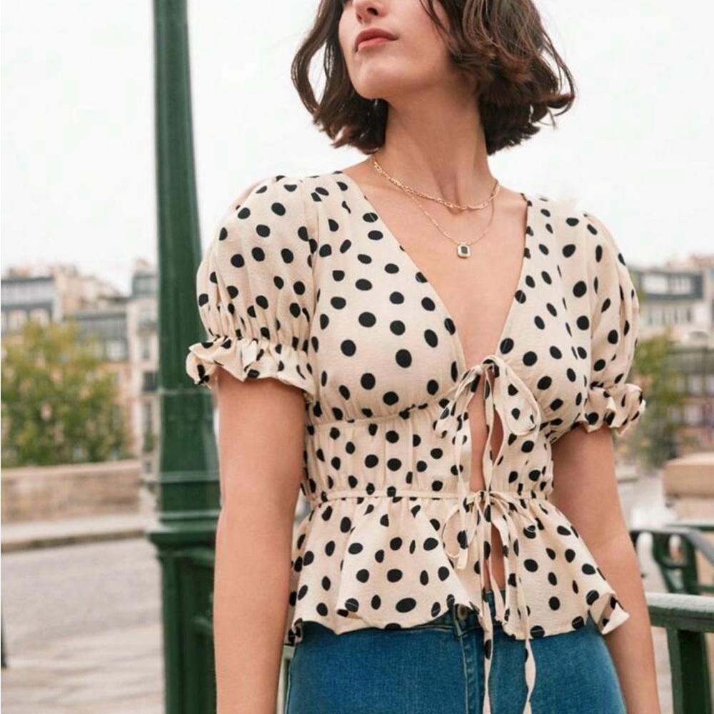 SHEIN Cream and Black Puff Sleeve Tie Front Blouse